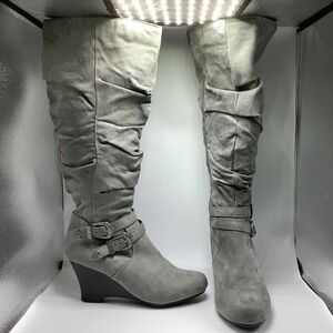 So Authentic American Heritage Women's Knee High Boots Wedge Limousine Grey 9.5M